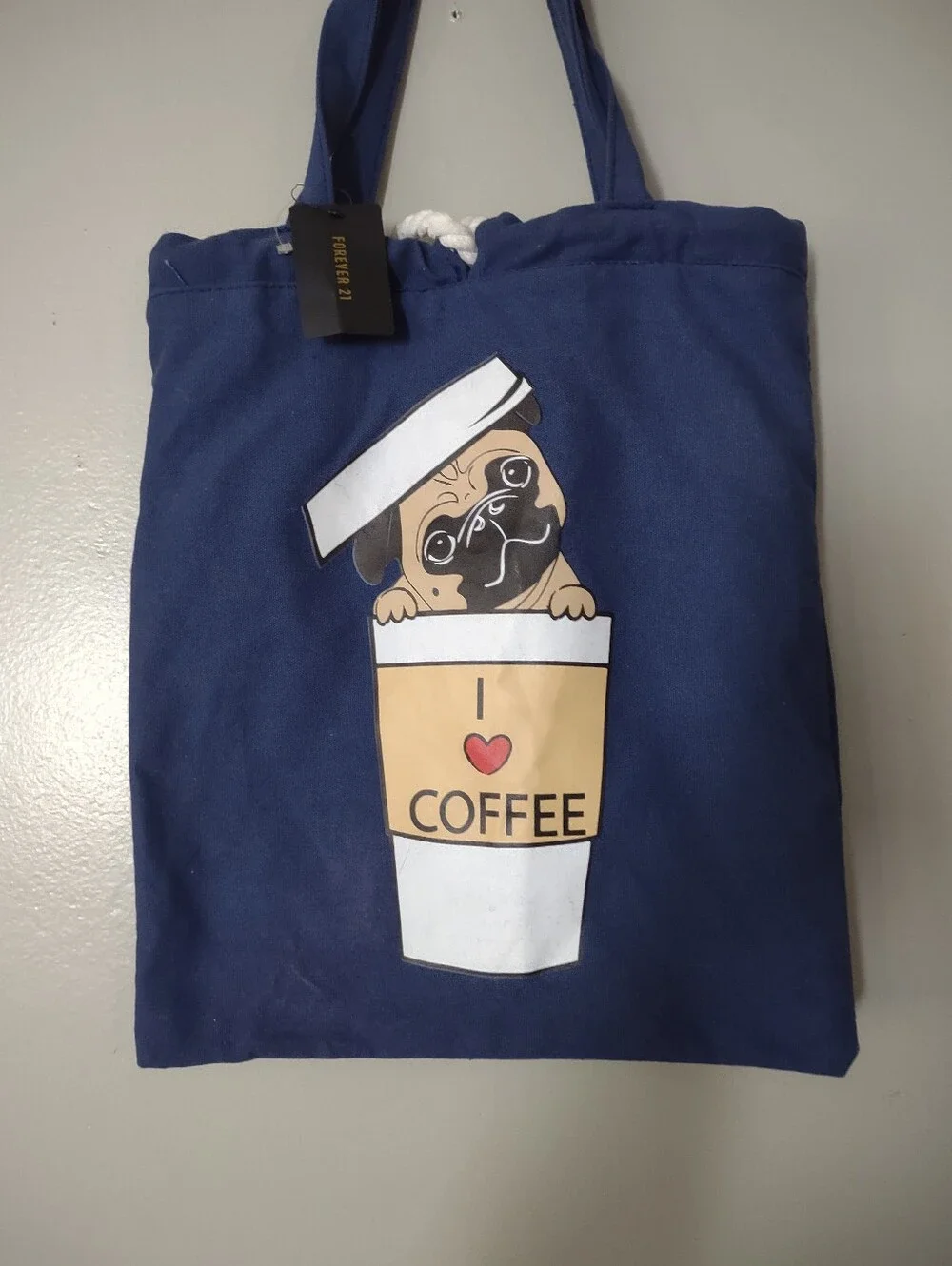 Forever 21 Pug Mug Blue Tote 'I Love Coffee' Totebag